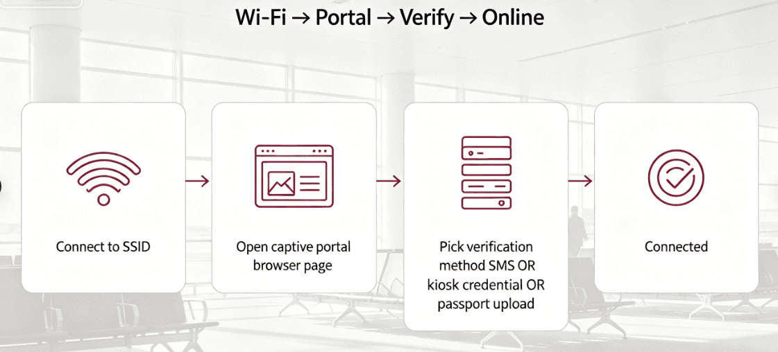 China Airport Wi‑Fi: Which Login? Infographic comparing SMS or international number login, passport kiosk or browser verification, and skipping Wi‑Fi for cellular data in China airports.