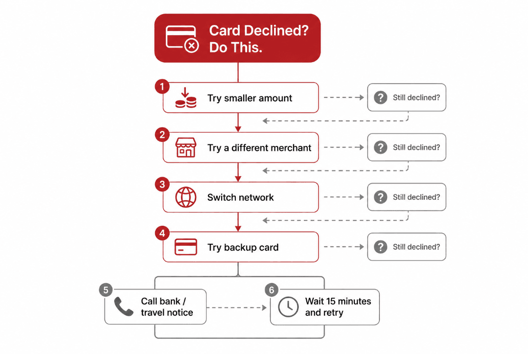 Decision tree for handling foreign card declines in Alipay/WeChat Pay: retry smaller amount, try another merchant, contact bank, wait and retry.