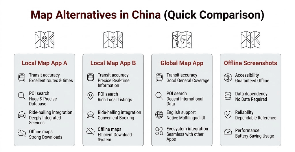 Comparison table-style graphic of map alternatives in China for foreigners, highlighting strengths like transit, ride-hailing, English support, and offline use.