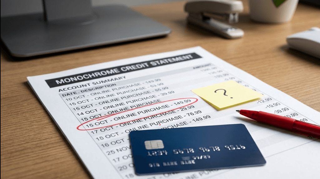 Credit card statement with a circled online purchase line, question mark sticky note, and payment card for reviewing a chargeback versus Trip.com support.