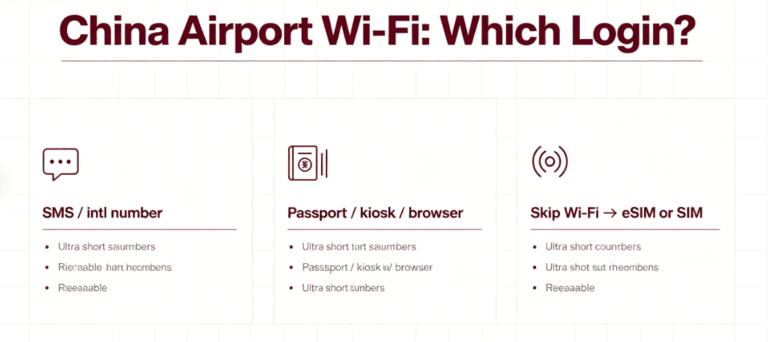 Infographic comparing SMS, passport or kiosk verification, and using mobile data instead of airport Wi‑Fi in China.