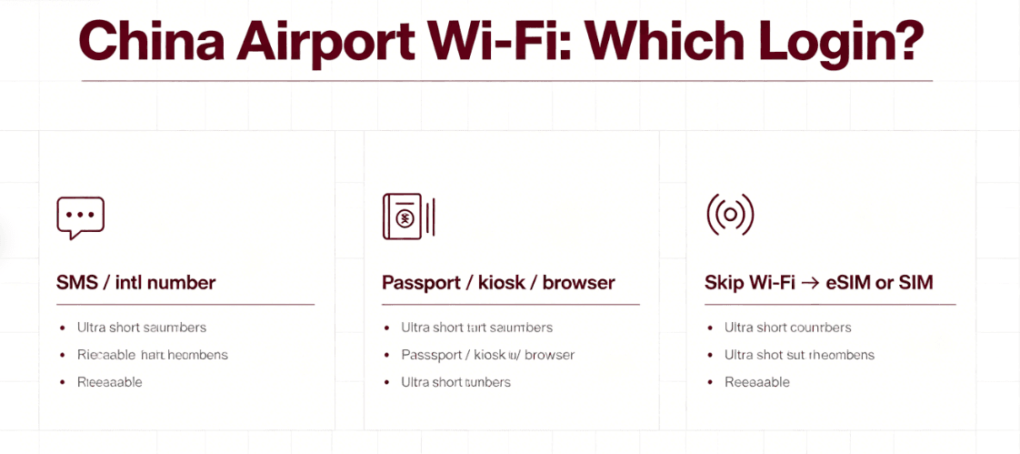 Wi‑Fi → Portal → Verify → Online Four-step diagram for China airport Wi‑Fi: connect to network, open captive portal, pick verification method, then online.
