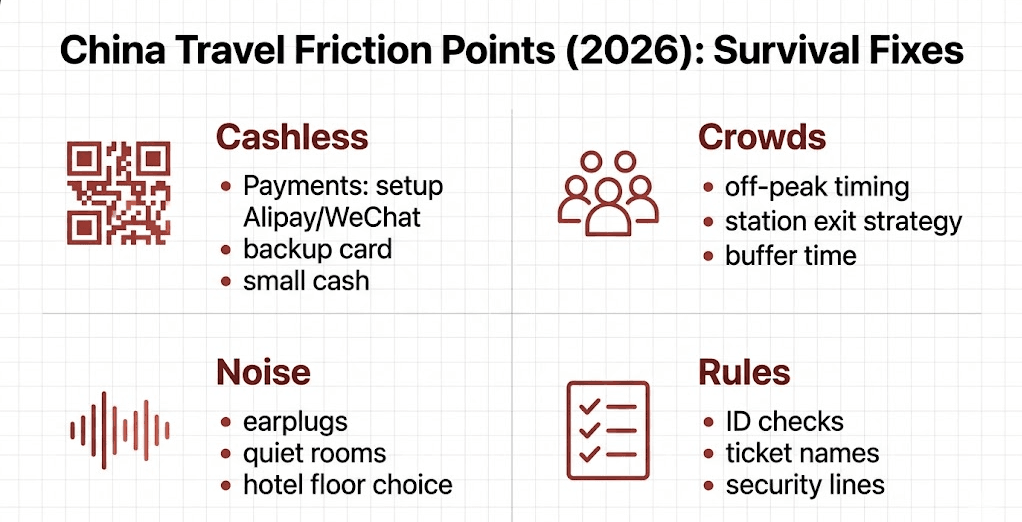 Infographic showing four common China travel friction points—cashless payments, crowds, noise, and rules—with practical survival fixes for tourists.
