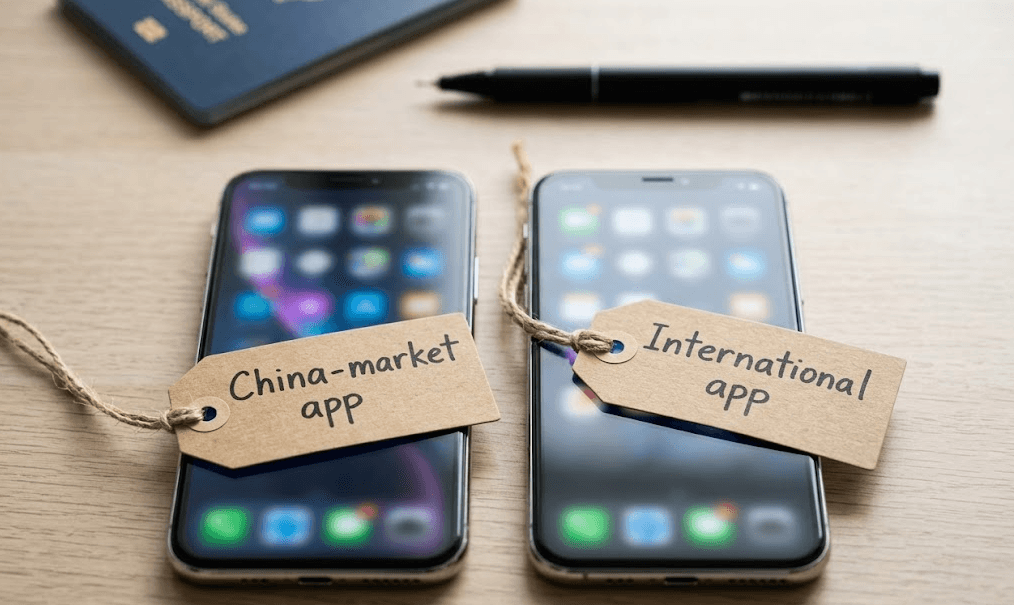 Two smartphones with paper tags reading China-market app and International app, illustrating Ctrip versus Trip.com clients under one travel group.