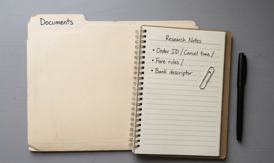 Documents folder and notepad checklist for a Trip.com refund: order ID, cancel time, fare rules, and bank descriptor.
