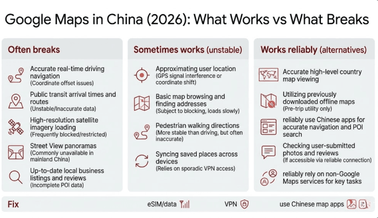 Infographic showing what parts of Google Maps and common Google services work or break in China, and the typical fix paths.