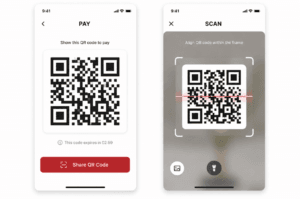 Side-by-side illustration showing Pay mode (your QR code) and Scan mode (camera scanning a merchant QR code) for mobile payments in China.