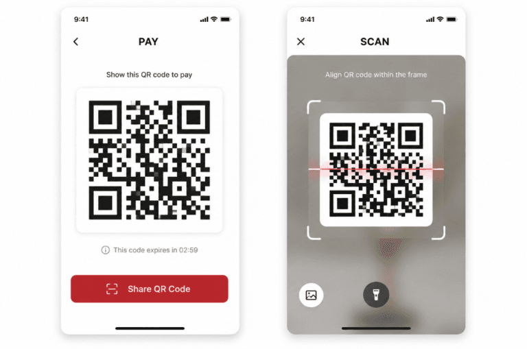 Side-by-side illustration showing Pay mode (your QR code) and Scan mode (camera scanning a merchant QR code) for mobile payments in China.
