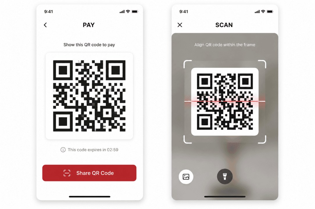 Side-by-side illustration showing Pay mode (your QR code) and Scan mode (camera scanning a merchant QR code) for mobile payments in China.