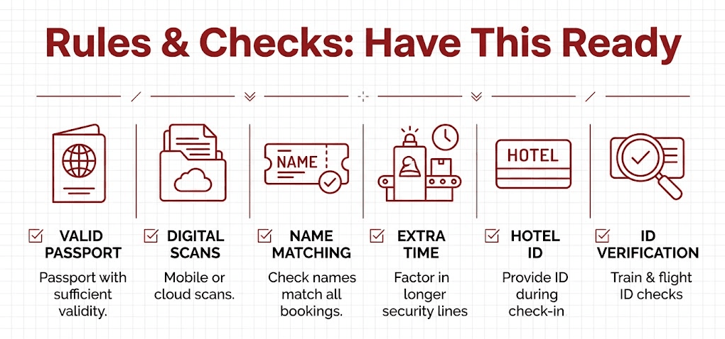 Checklist-style infographic for China travel rules: passport ready, name matching on tickets, security screening, and ID checks for hotels and trains.