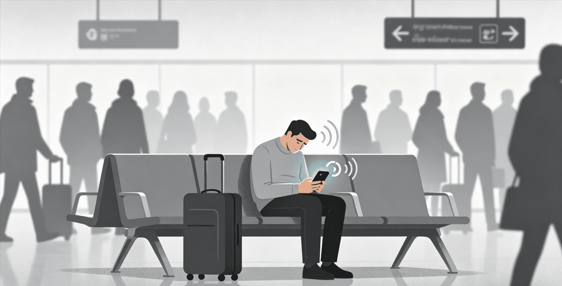 Editorial illustration of a tired traveler in an airport or station dealing with crowds, noise, and a phone showing a loading screen.