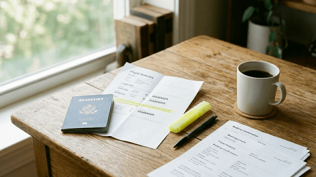 Travel desk with passport, highlighted flight itinerary, booking confirmation papers, pen, highlighter, and coffee for documenting a Trip.com refund delay.