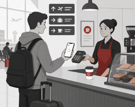 Editorial illustration of a traveler attempting a QR payment on a phone with weak signal at an airport coffee shop in China.