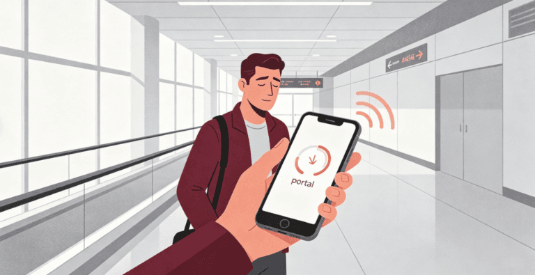Traveler at a China airport switching from stalled Wi‑Fi login to mobile data on a smartphone.