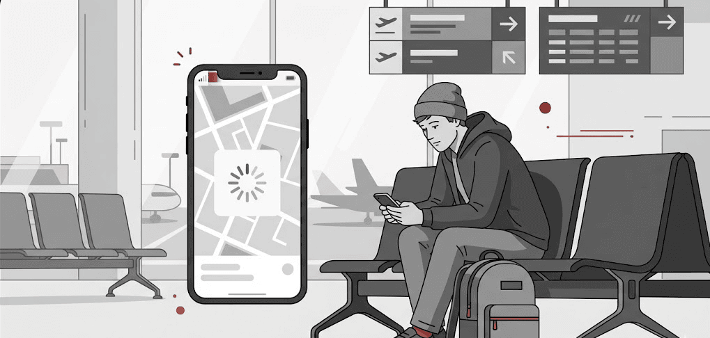 Editorial illustration of a traveler in an airport trying to load directions on a phone while the map app keeps spinning.
