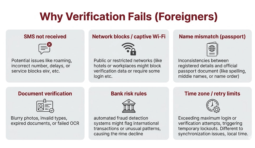 Infographic listing common reasons Alipay/WeChat verification fails for foreigners: SMS not received, network issues, name mismatch, document check, bank rules.