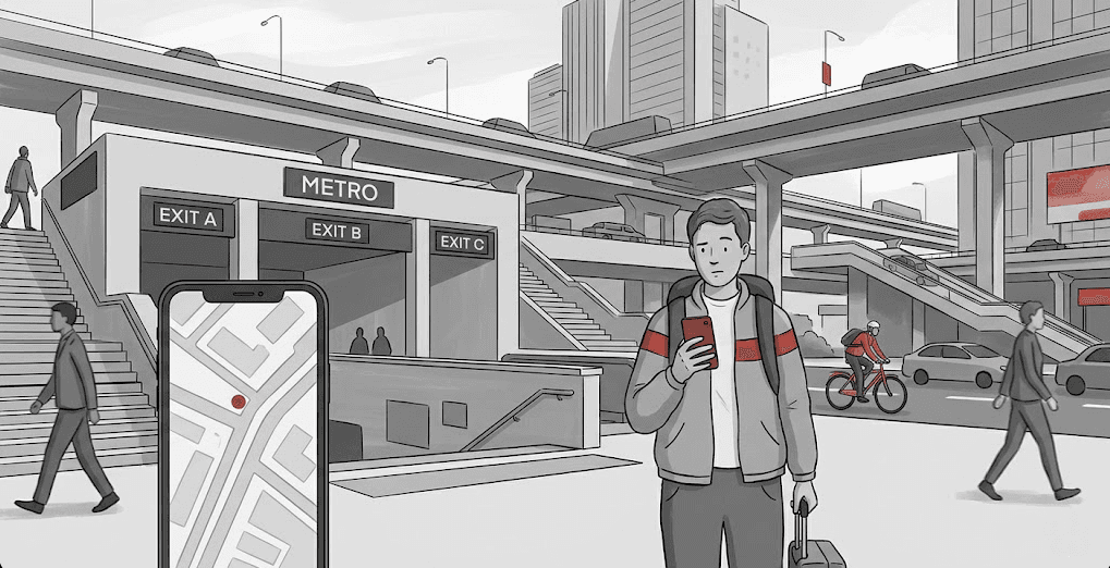 Editorial illustration showing a traveler confused by multiple metro exits and multi-level roads, highlighting why location and directions can feel wrong.