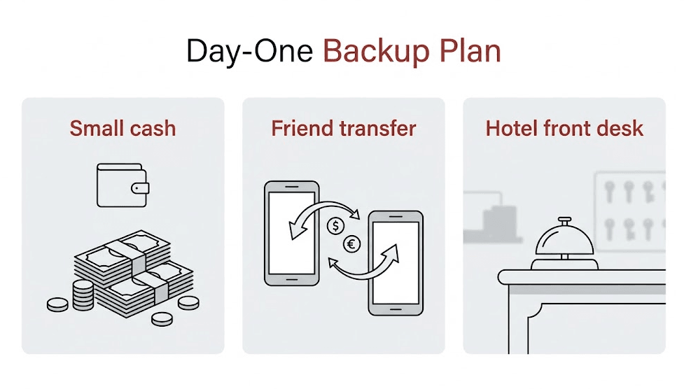 Illustration showing three backup options when mobile payment fails in China: small cash, friend transfer, and hotel front desk help.