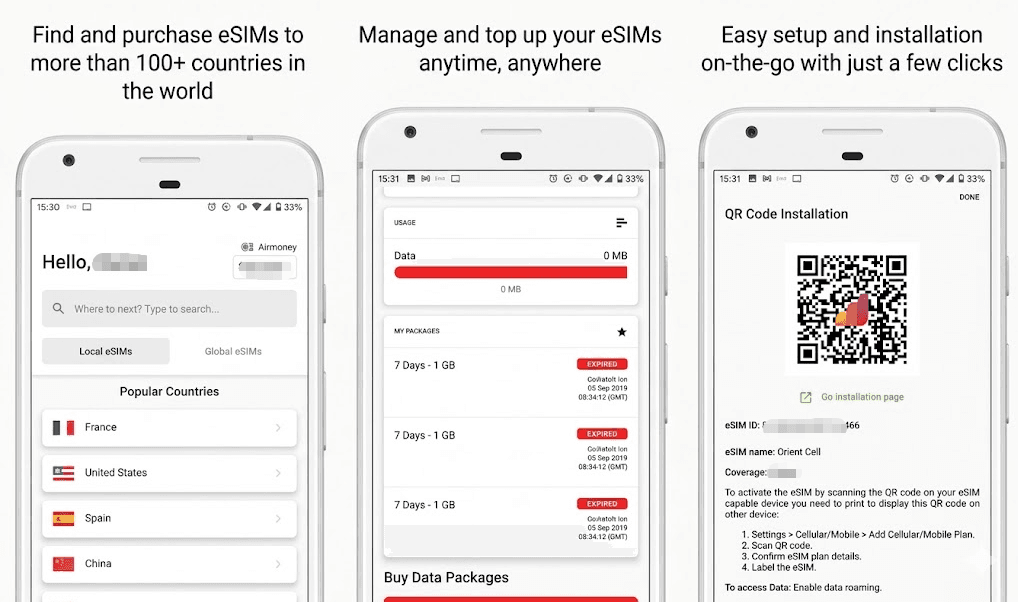 Airalo app My eSIMs screen showing active Chinacom China plan with 1.24 GB remaining of 10 GB