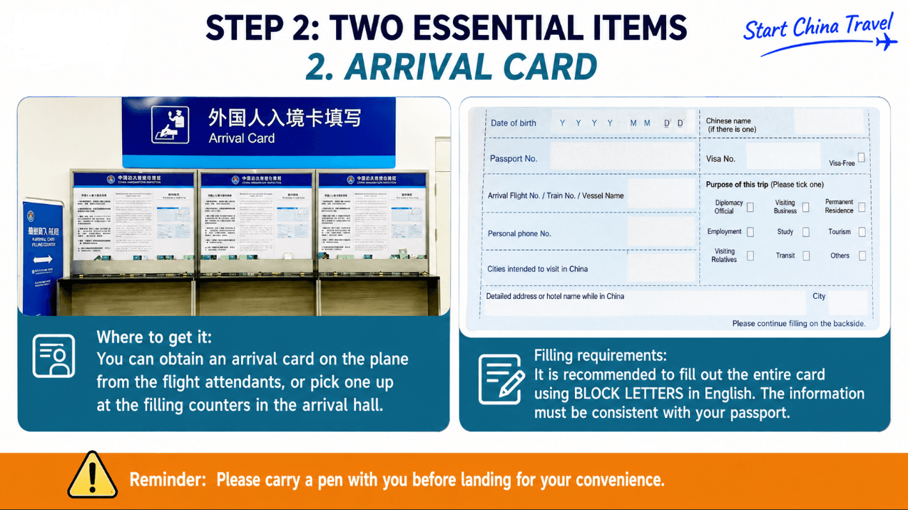 China Foreigner Arrival Card – Where to Get and How to Fill China arrival card form, airport filling counters, and block-letter English instructions matching passport