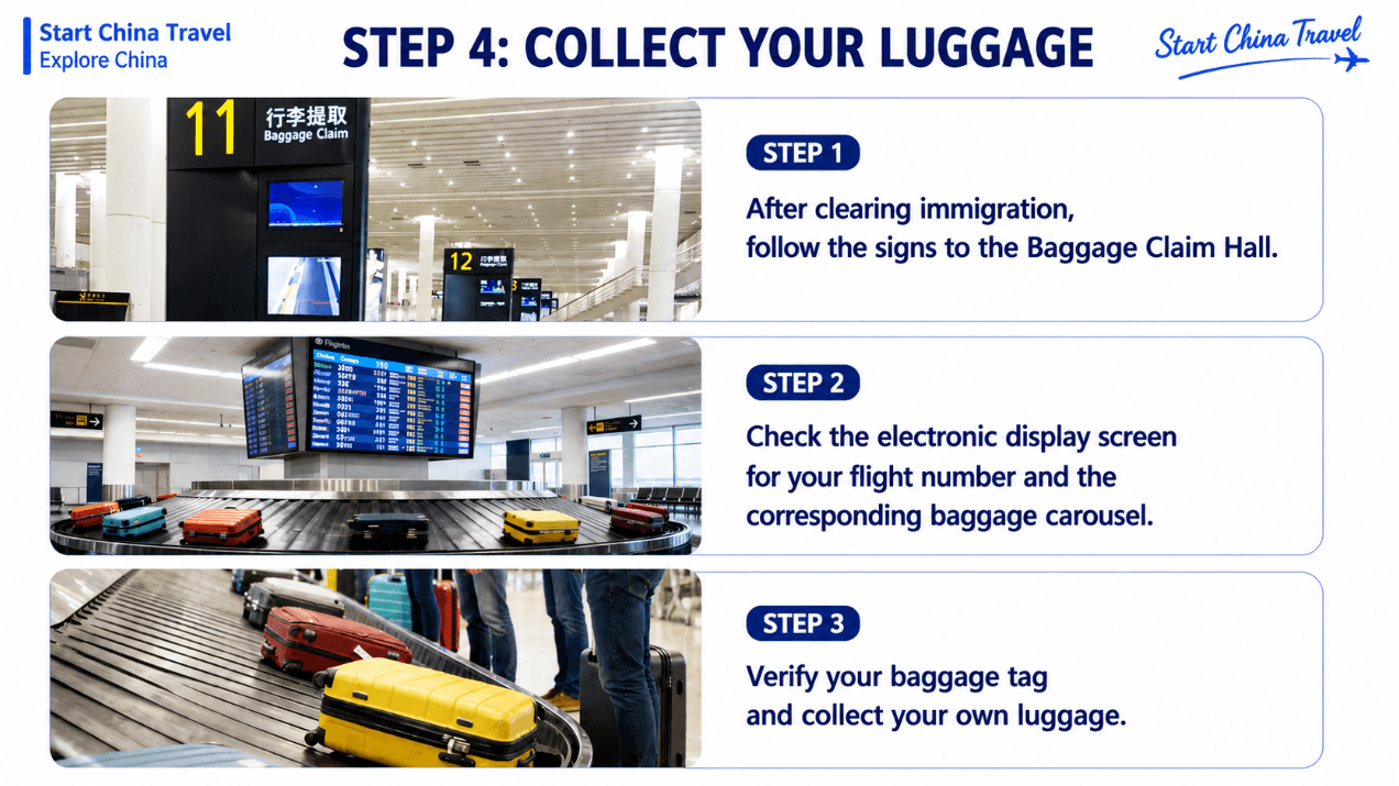 Baggage Claim at a China Airport After Immigration Baggage claim hall signs, flight carousel display, and travelers collecting checked luggage in China