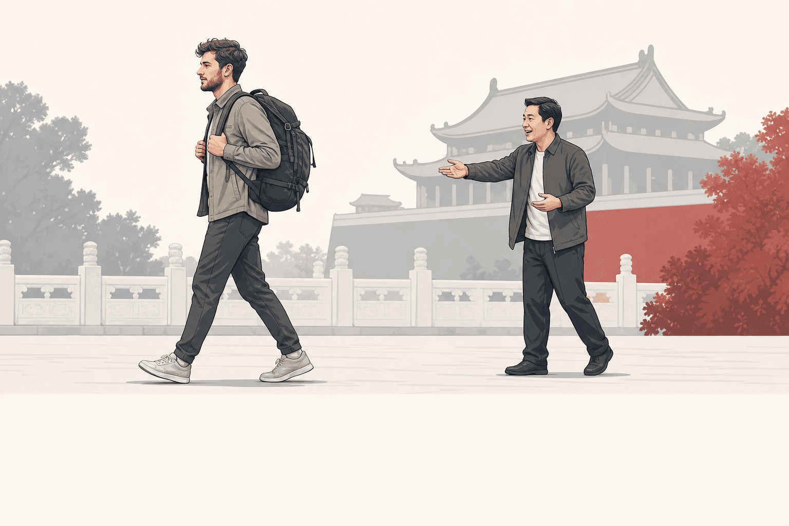 Illustration of a foreign tourist declining an unsolicited approach near a Chinese landmark, representing common travel scams in China