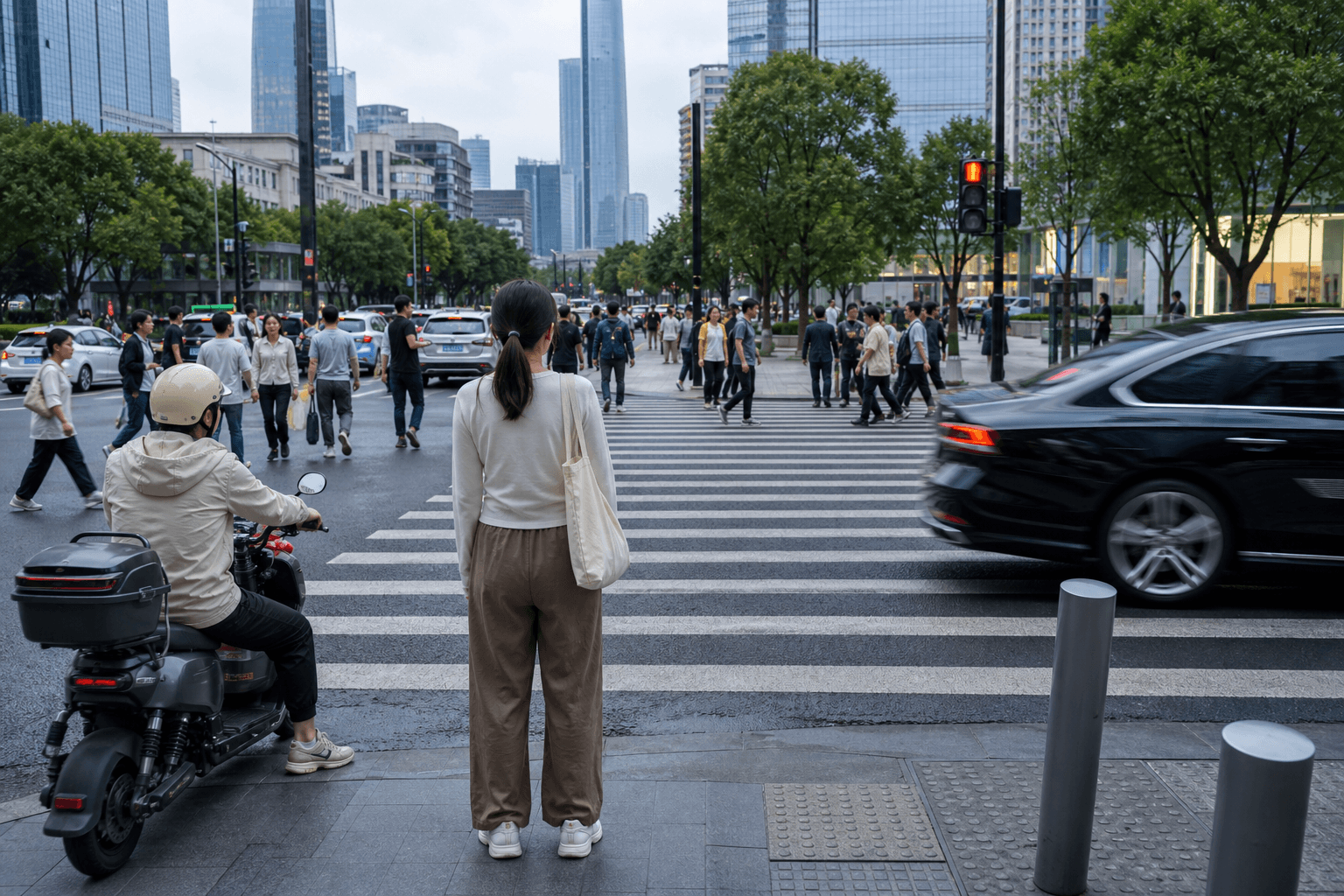 Busy China city crosswalk with pedestrians and electric scooters, highlighting traffic safety risks for foreign tourists