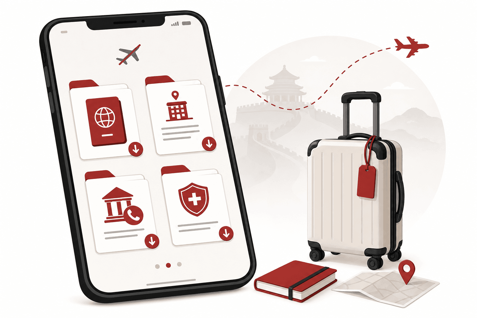 Smartphone with offline travel documents—passport copy, hotel address, embassy and insurance contacts—before a China trip