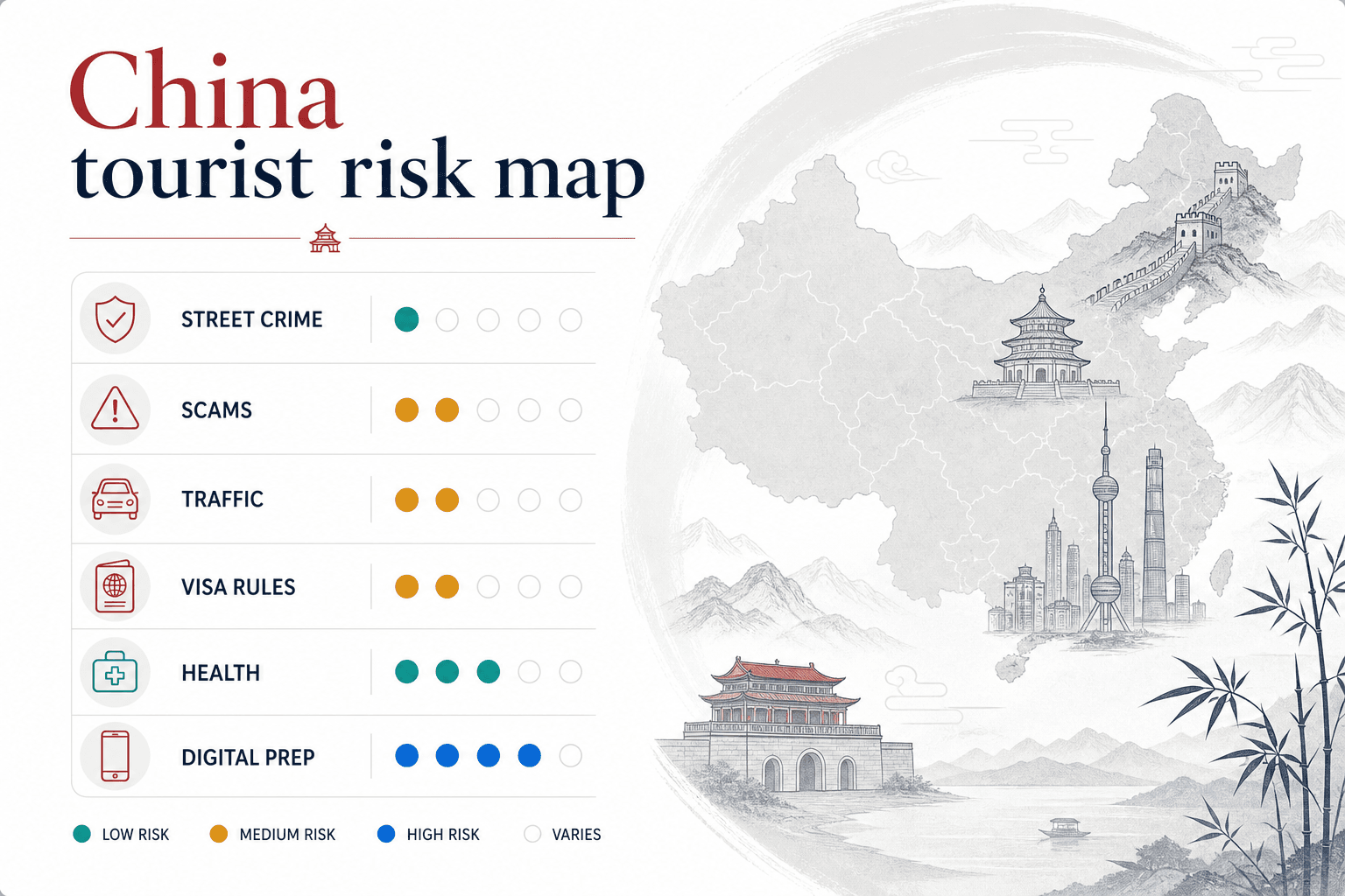 Infographic-style China travel risk map for tourists showing street crime, scams, traffic, visa rules, health, and digital prep risk levels