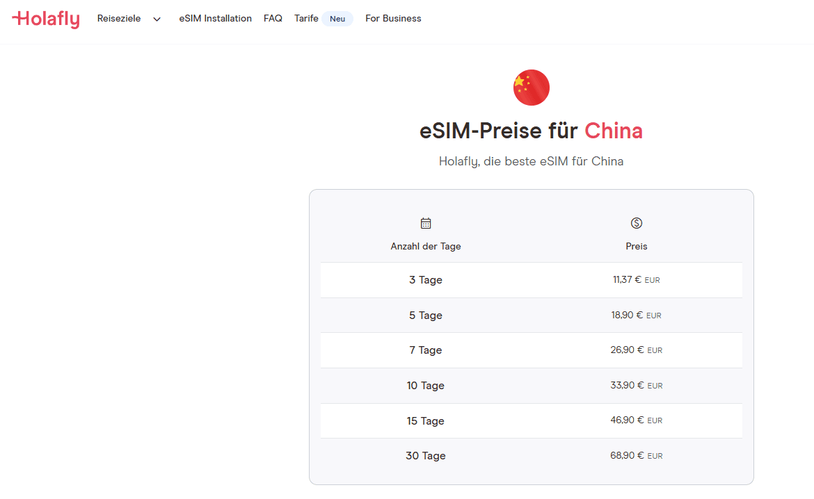 Holafly China eSIM price table showing 3 to 30 day unlimited plans from 11.37 to 68.90 euros in 2026
