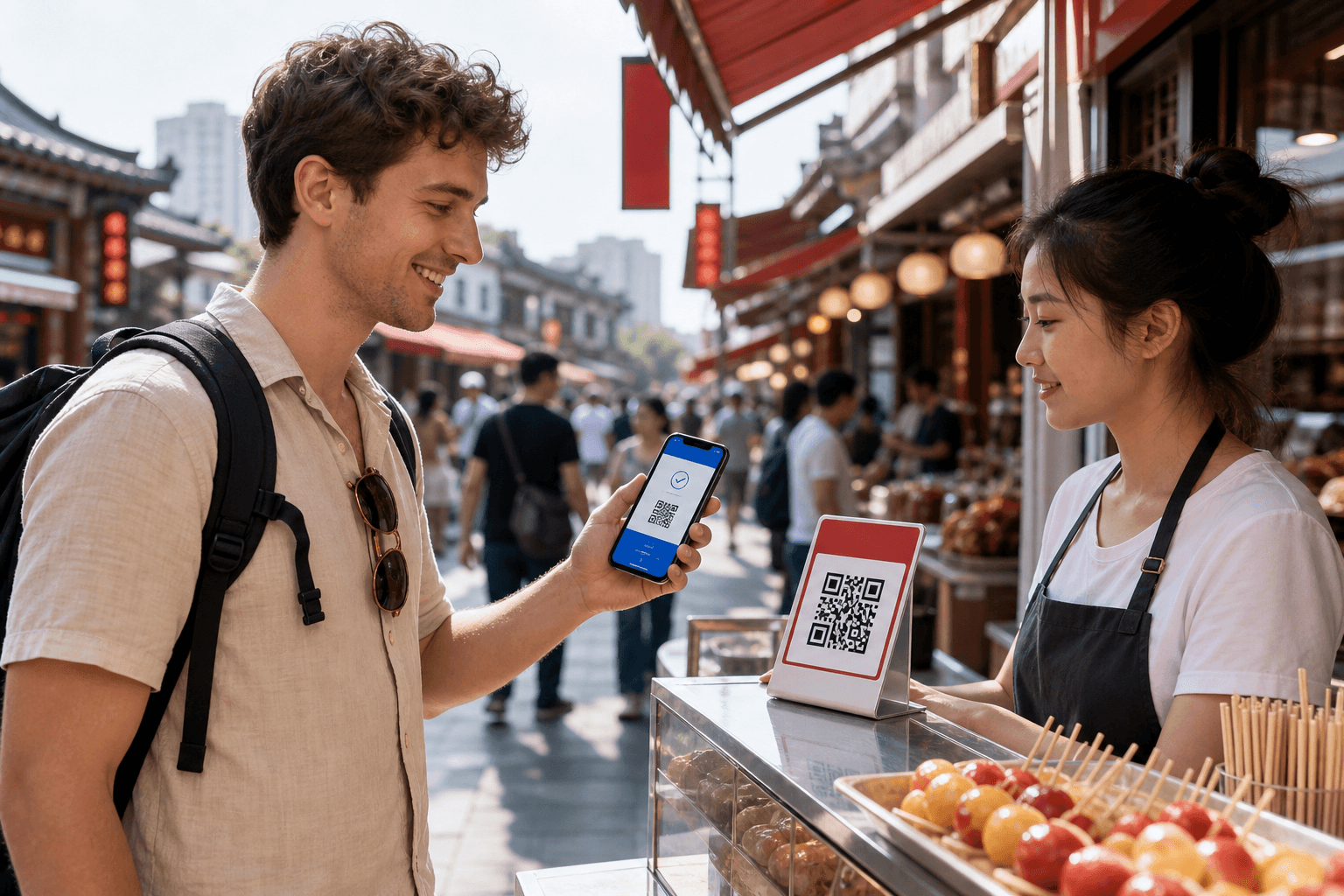 Editorial illustration of PayPal app scanning a WeChat Pay style merchant QR code in China