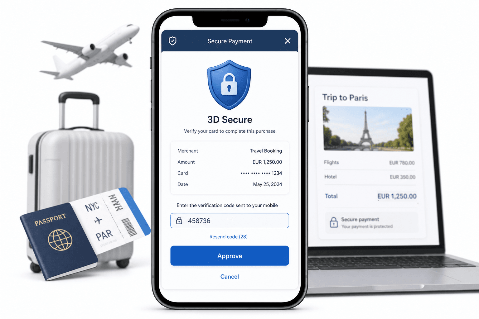 Smartphone showing bank card 3D Secure verification screen during an online travel booking payment