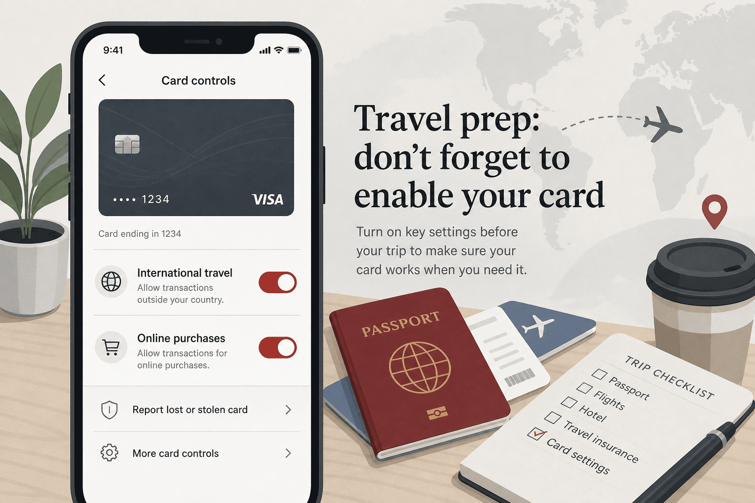 Banking app settings for international travel notifications and online purchase alerts on a credit card