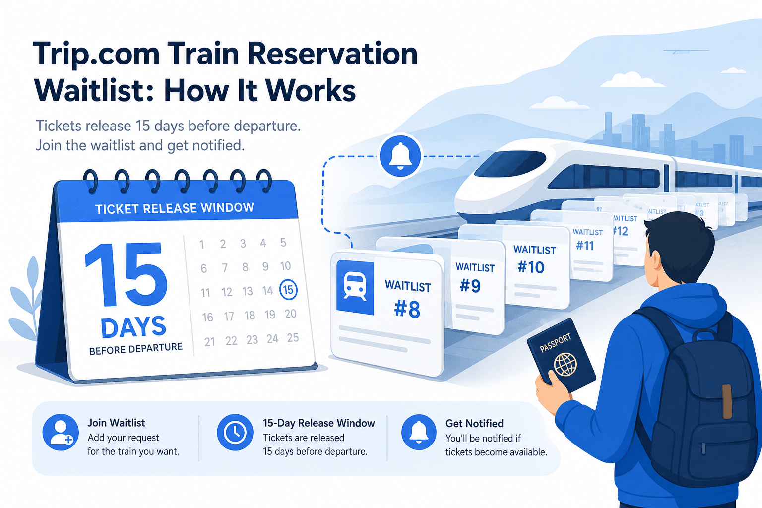 Illustration of China train ticket 15-day release window and waitlist queue
