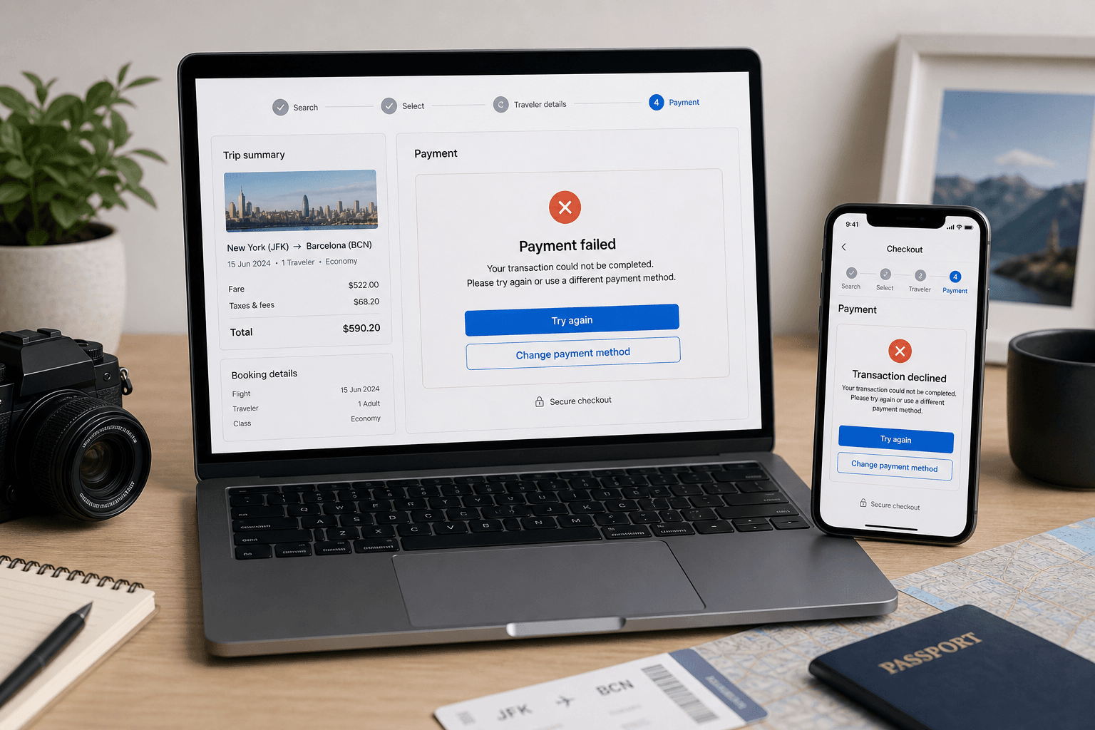 Travel booking checkout on laptop and phone showing a generic payment failed message during online payment