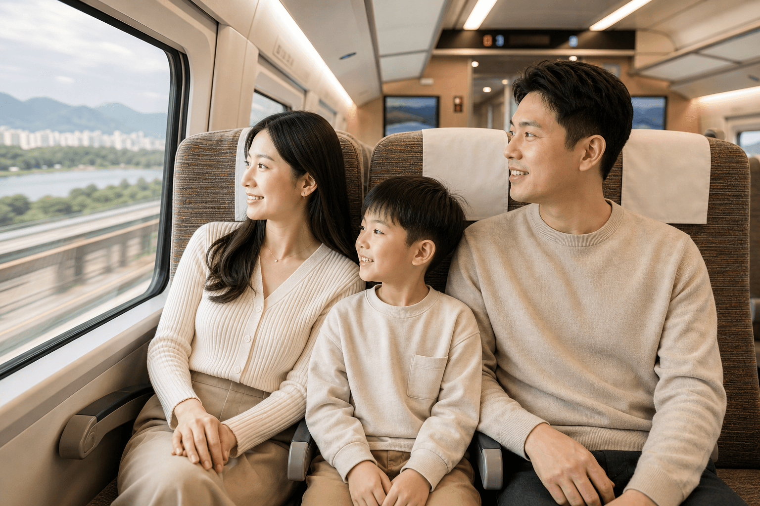 Illustration of family passengers seated together on a China high-speed train second-class row