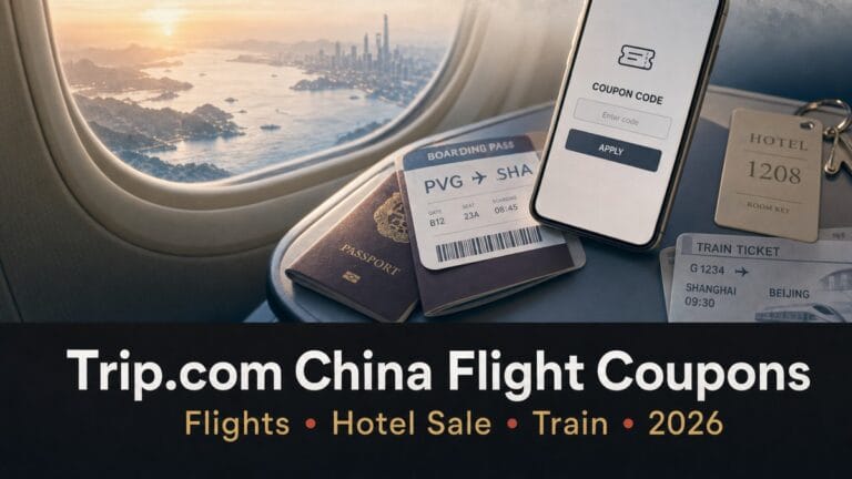 Featured cover: Trip.com China flight coupons, phone coupon field, boarding pass and train ticket