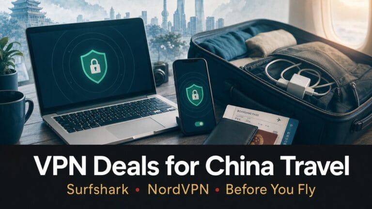 Featured cover: VPN deals for China travel, laptop phone shield icons and packed suitcase