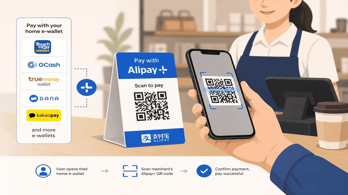 Alipay+ foreign wallet paying at a China merchant QR checkout