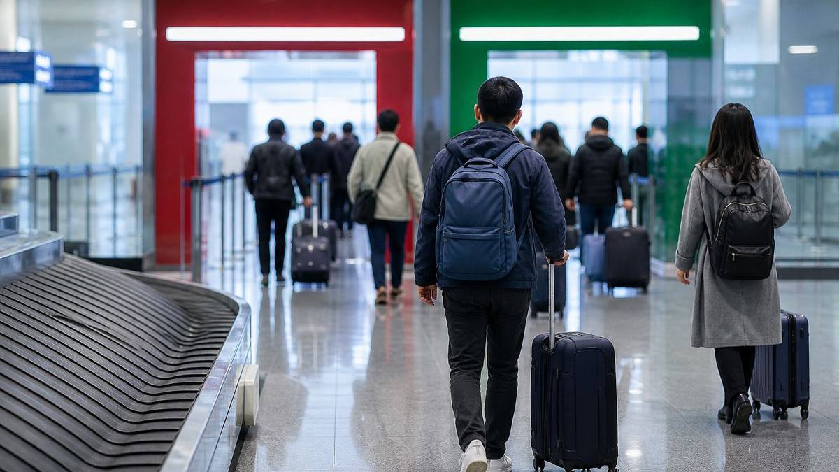 Editorial illustration of airport red and green customs channels after baggage claim