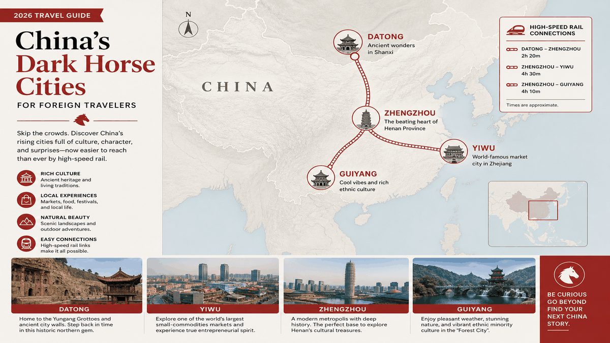Map-style illustration of China dark horse cities Datong Yiwu Zhengzhou Guiyang connected by high-speed rail
