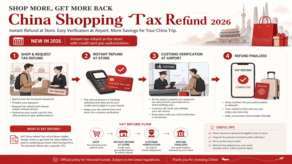China instant shopping tax refund flow for foreign tourists at enrolled stores