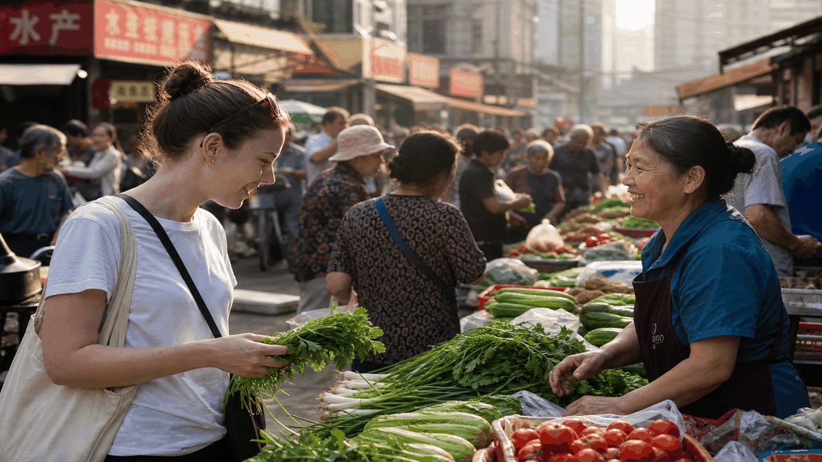 Everyday China travel concept: foreign visitor at a local morning market with produce stalls