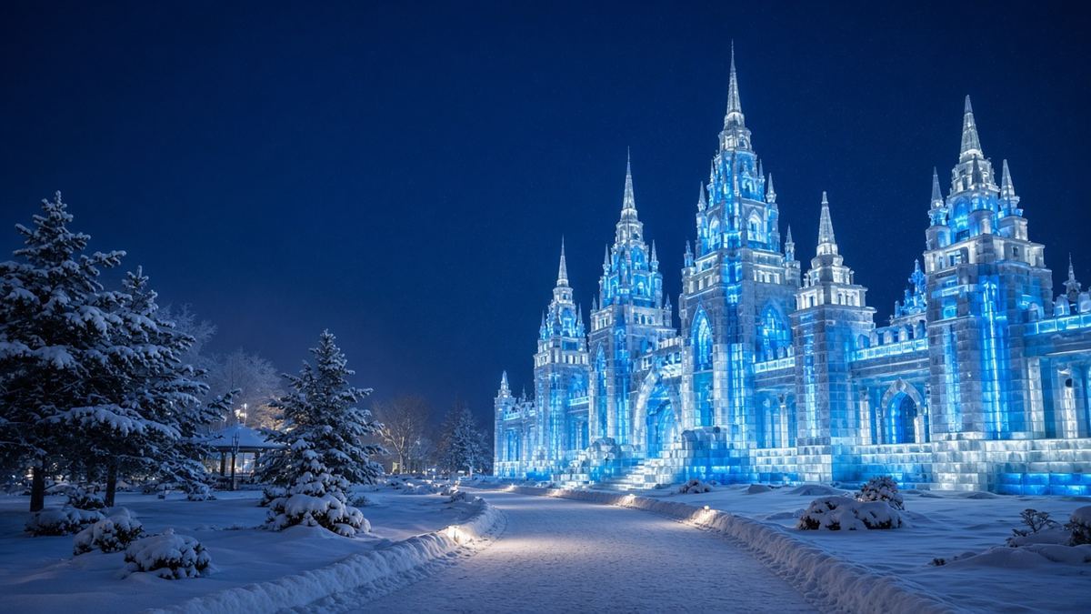 Illuminated ice castle at night representing Harbin Ice and Snow World