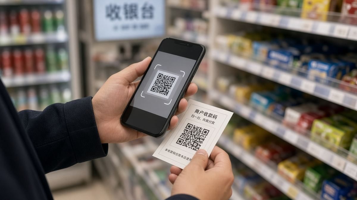 Editorial illustration of traveler scanning merchant QR with phone PayPal-style wallet in China cafe