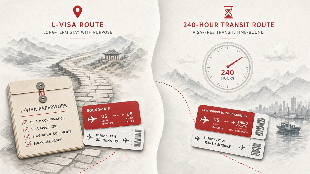 Two travel paths: L tourist visa round trip versus 240-hour transit to a third country