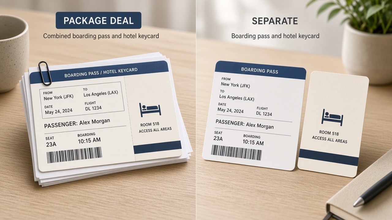 Package deal with ticket and keycard clipped together versus separate ticket and separate keycard