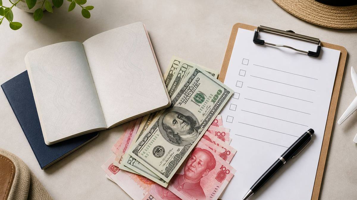 Editorial illustration of passport and currency notes beside a China customs declaration checklist