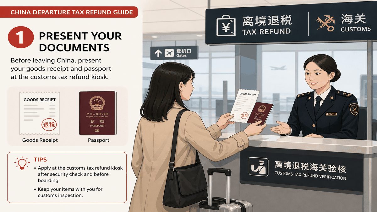 China airport customs tax refund verification step for departing foreign tourists