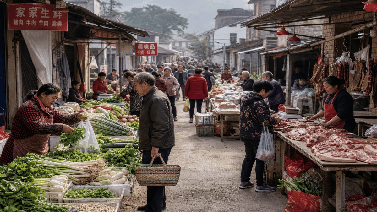 China village morning market with produce, meat, and dry goods stalls